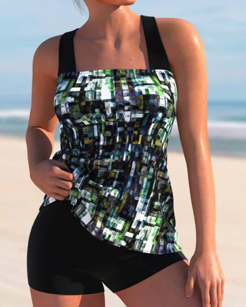 Dame Tankini Sæt med Korte Shorts Strech-badedragter - Zwart/Groen