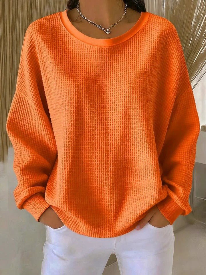 Dame Tekstureret Striktrøje med Rund Hals og Løs Pasform - Orange