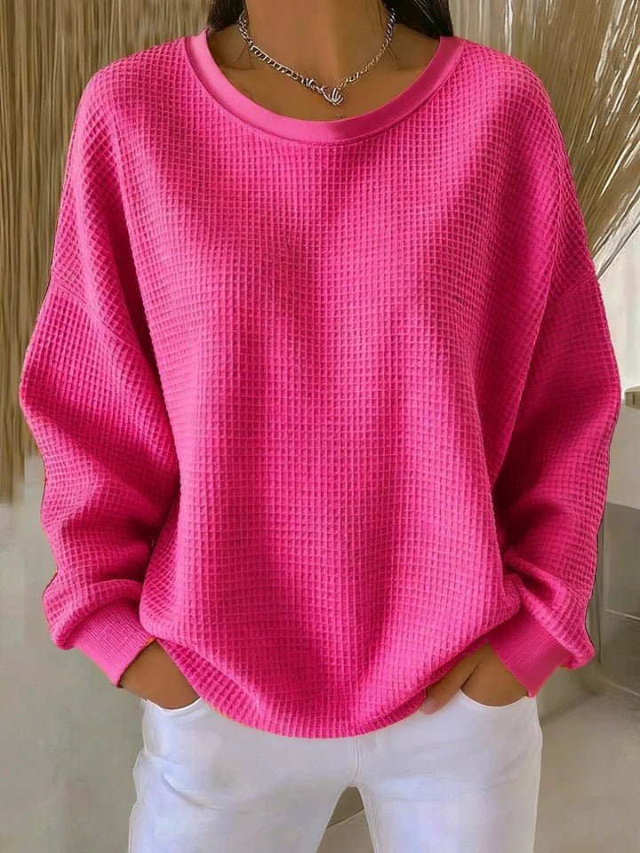 Dame Tekstureret Striktrøje med Rund Hals og Løs Pasform - Fuchsia
