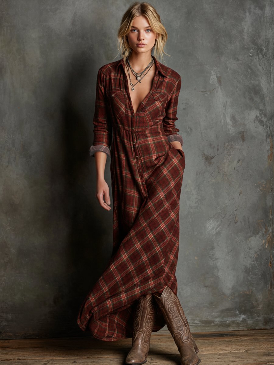Dame Ternet Flannel Maxi Formal Dress Skjortekjole - Rød