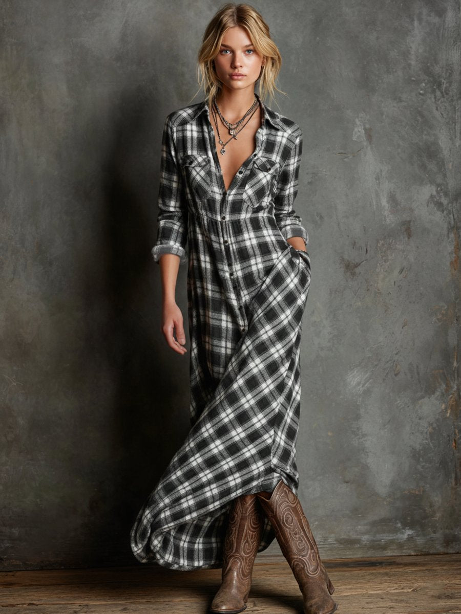 Dame Ternet Flannel Maxi Formal Dress Skjortekjole - Sort
