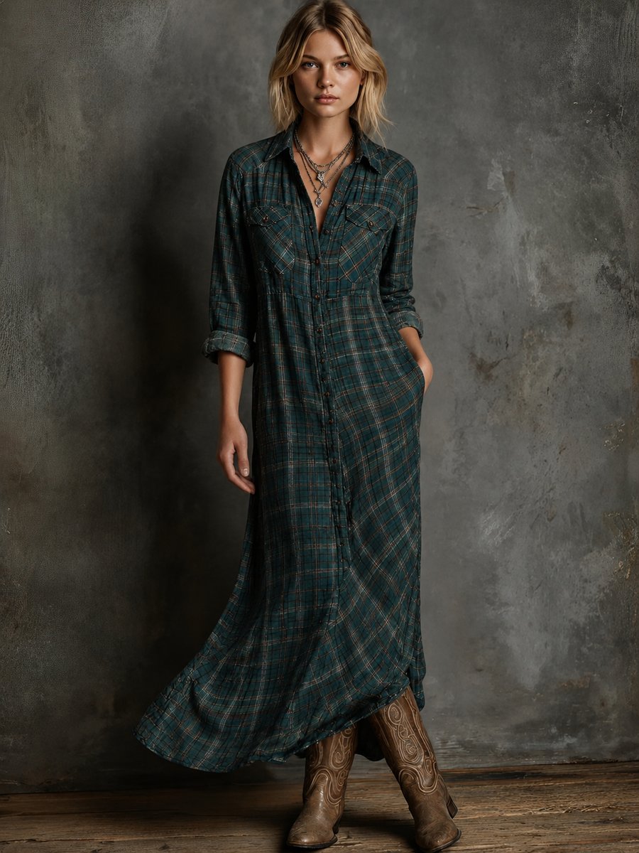 Dame Ternet Flannel Maxi Formal Dress Skjortekjole - Grøn