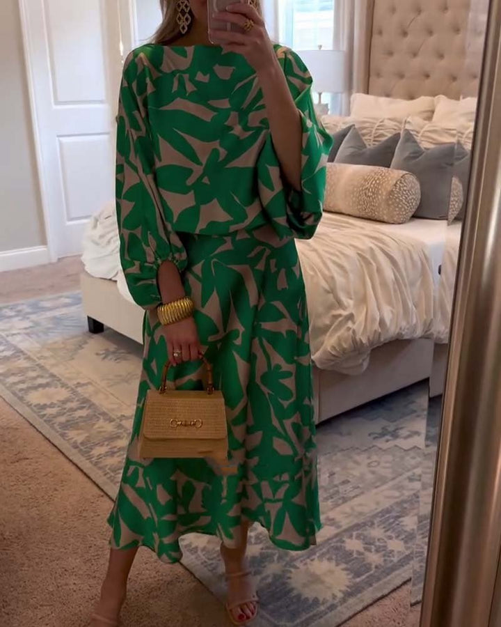 Dame Todelt Sæt med Ballonærmer og Botanisk Print - Green