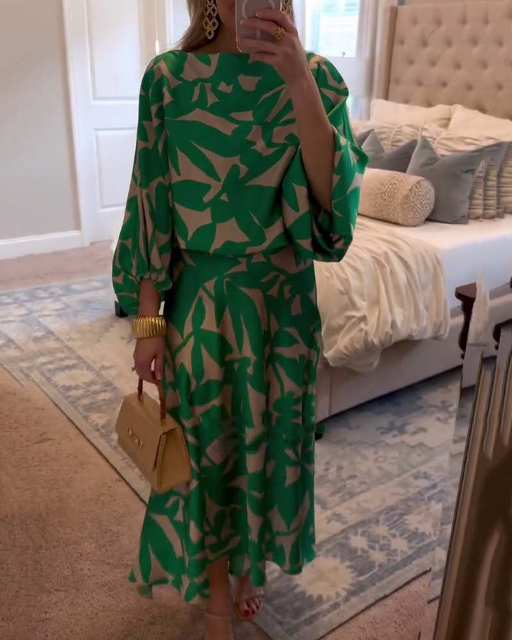 Dame Todelt Sæt med Ballonærmer og Botanisk Print