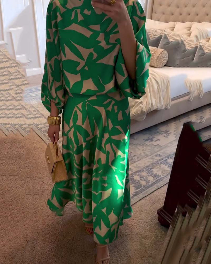 Dame Todelt Sæt med Ballonærmer og Botanisk Print