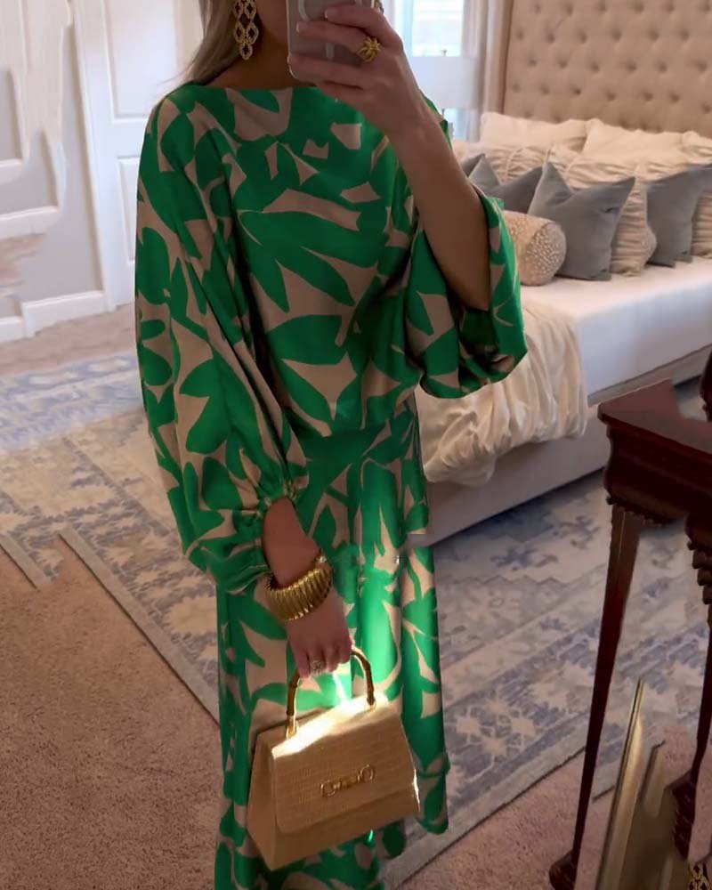 Dame Todelt Sæt med Ballonærmer og Botanisk Print