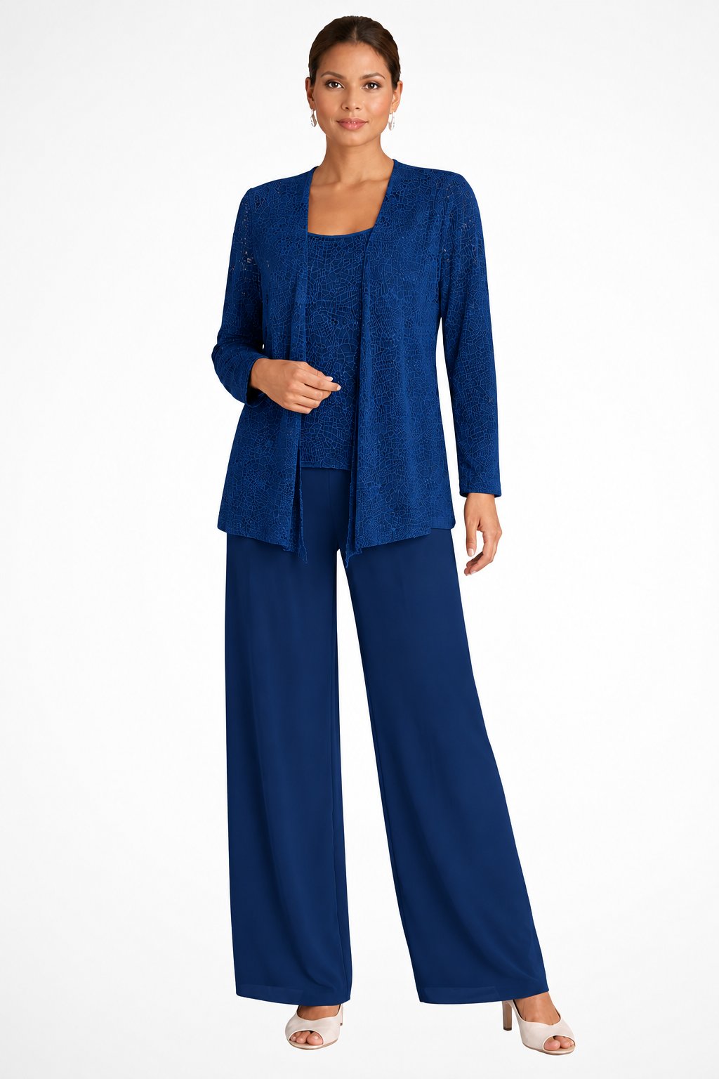 Dame Tre-dele Sæt med Glitter-jakke og Vide Bukser - Navy Blue