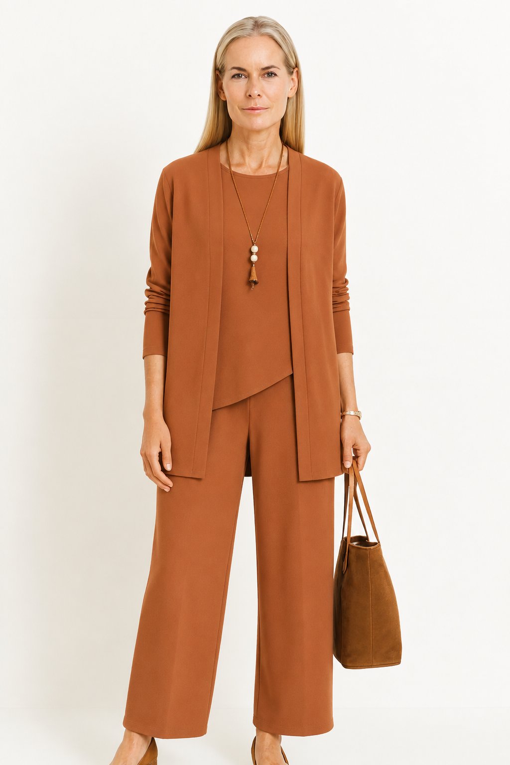 Dame Tredelt Cardigan Tank Top og Vide Bukser Sæt - Light Brown