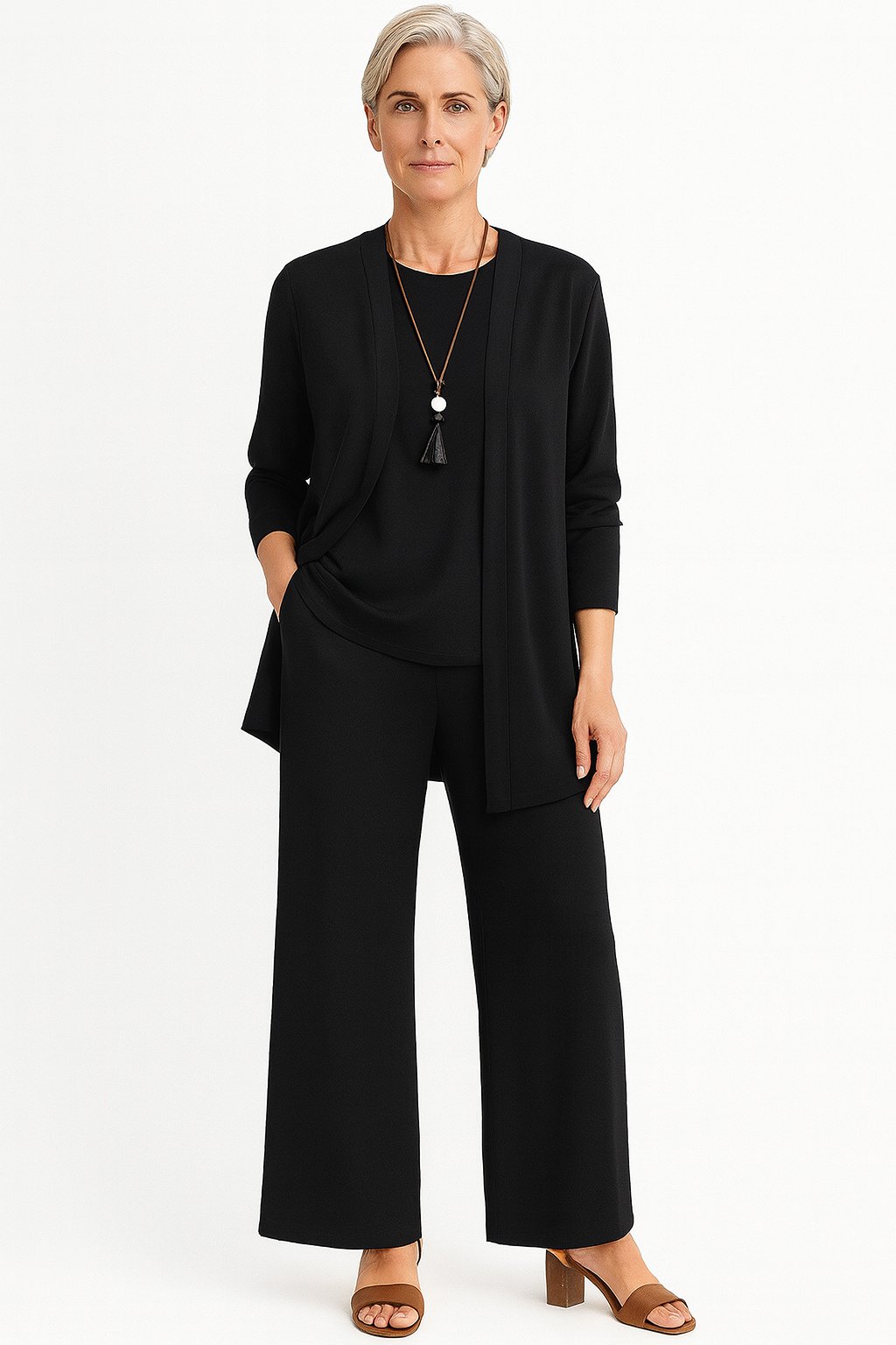 Dame Tredelt Cardigan Tank Top og Vide Bukser Sæt - Black