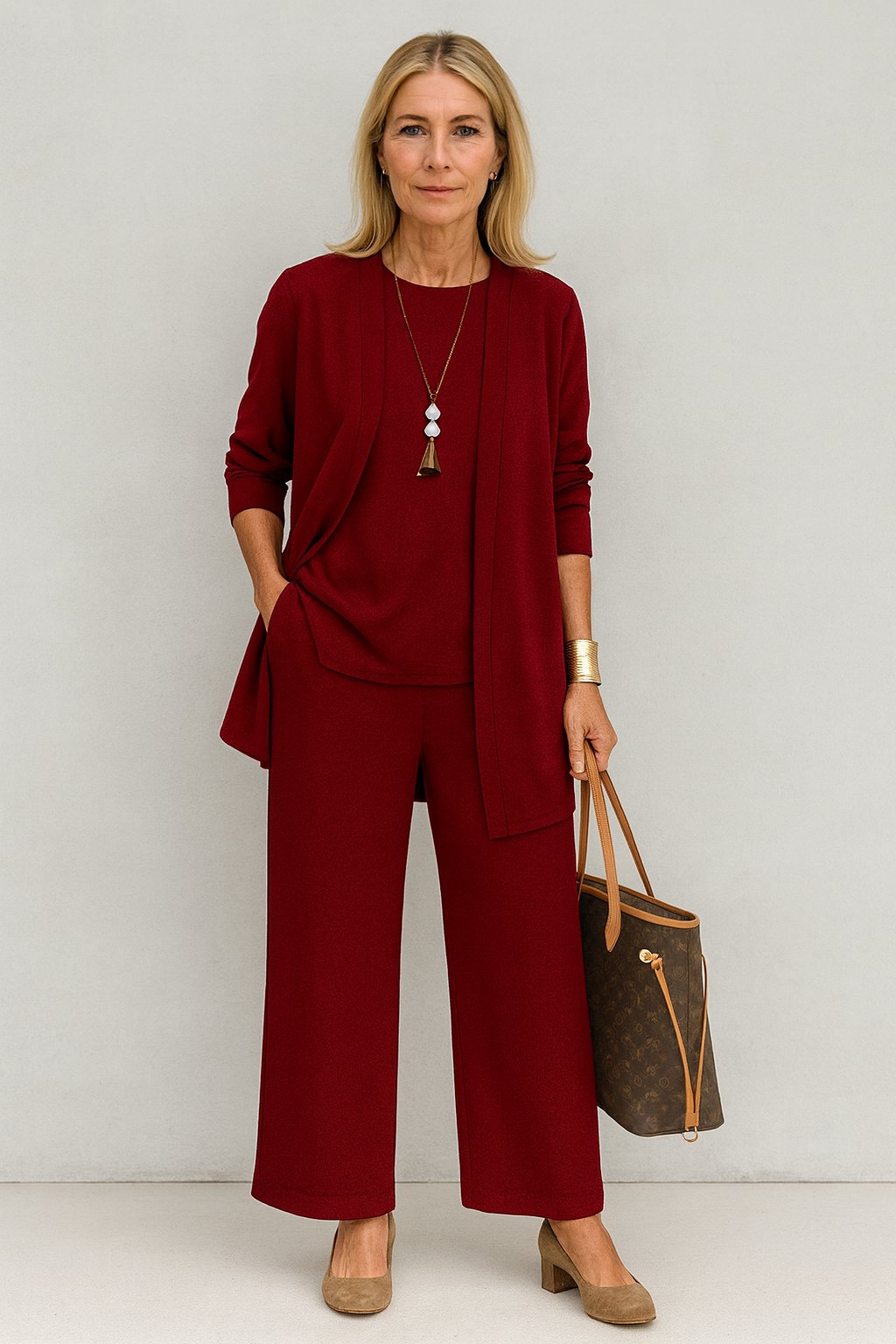 Dame Tredelt Cardigan Tank Top og Vide Bukser Sæt - Red