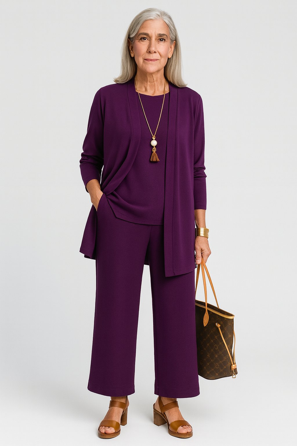 Dame Tredelt Cardigan Tank Top og Vide Bukser Sæt - Purple