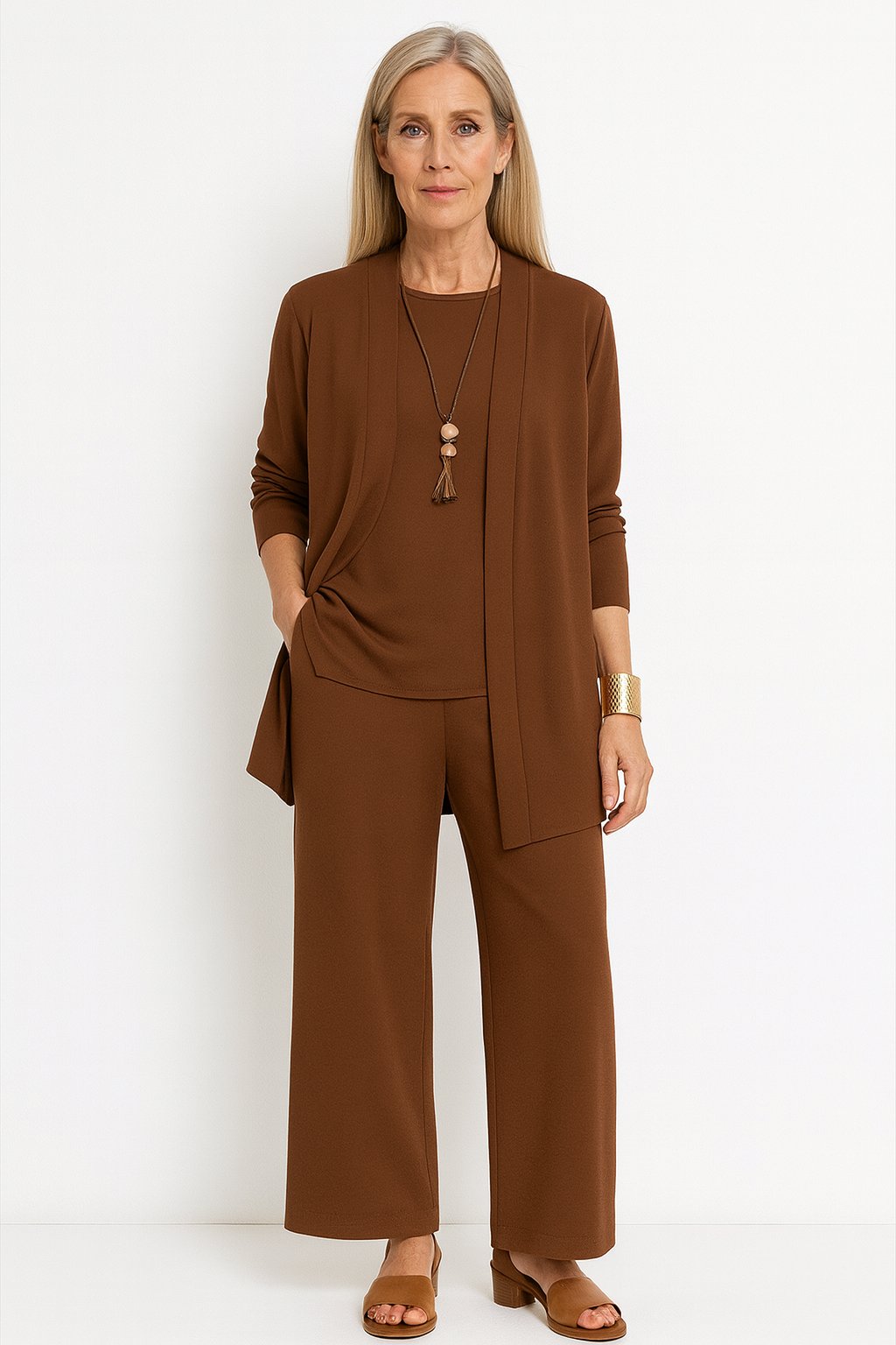 Dame Tredelt Cardigan Tank Top og Vide Bukser Sæt - Brown