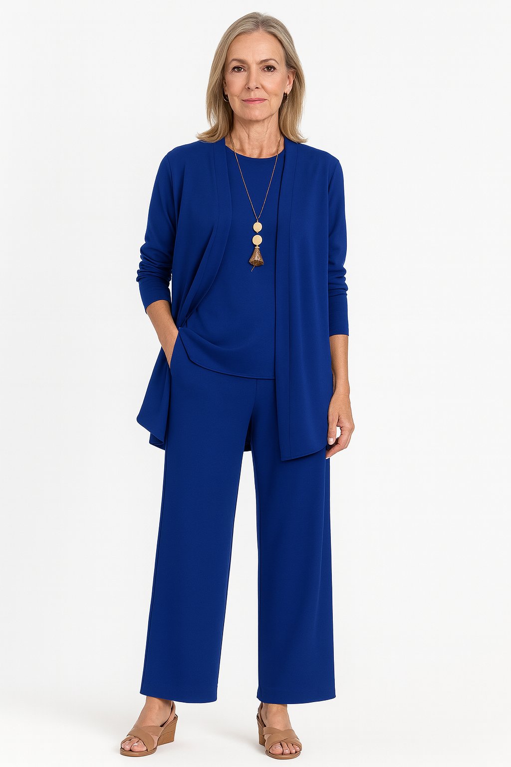 Dame Tredelt Cardigan Tank Top og Vide Bukser Sæt - Blue