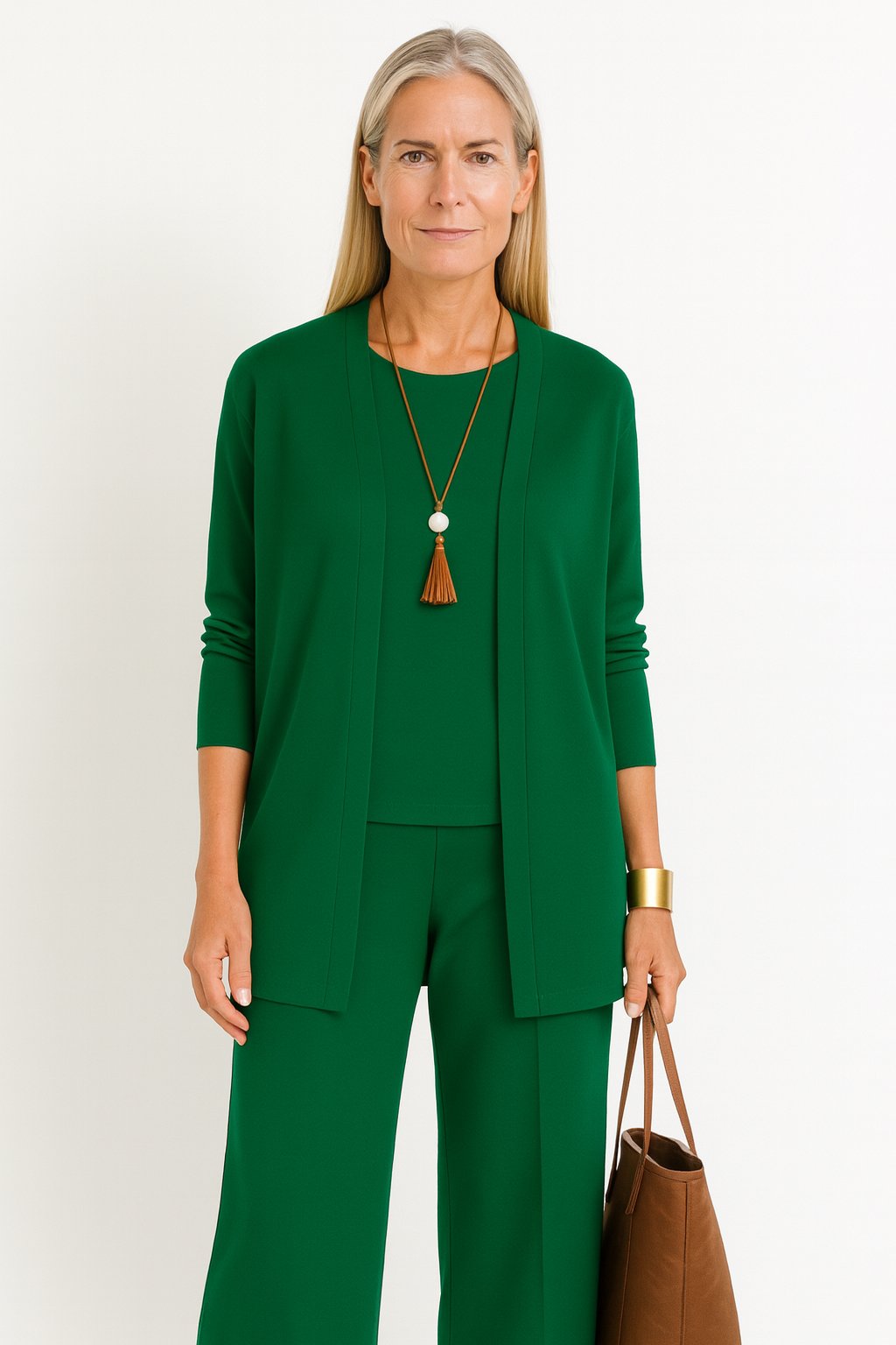 Dame Tredelt Cardigan Tank Top og Vide Bukser Sæt - Green