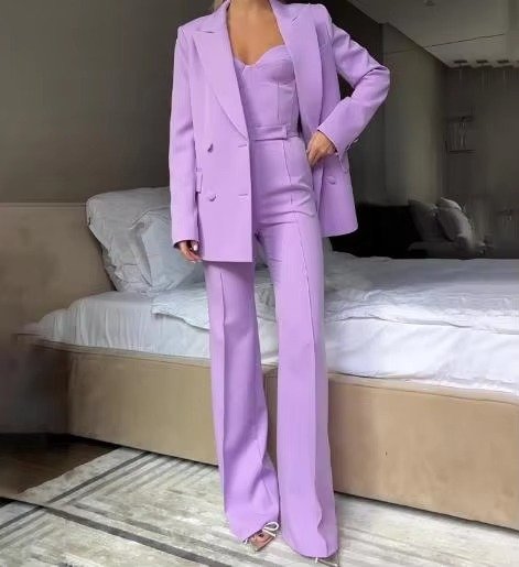 Dame Tredjelt Blazersæt Korsettop Udsvingede Bukser - Purple