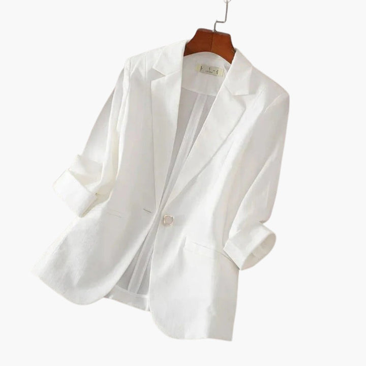 Dame Trekvart Ærme Hør Blazer med Enkelt Knap - White