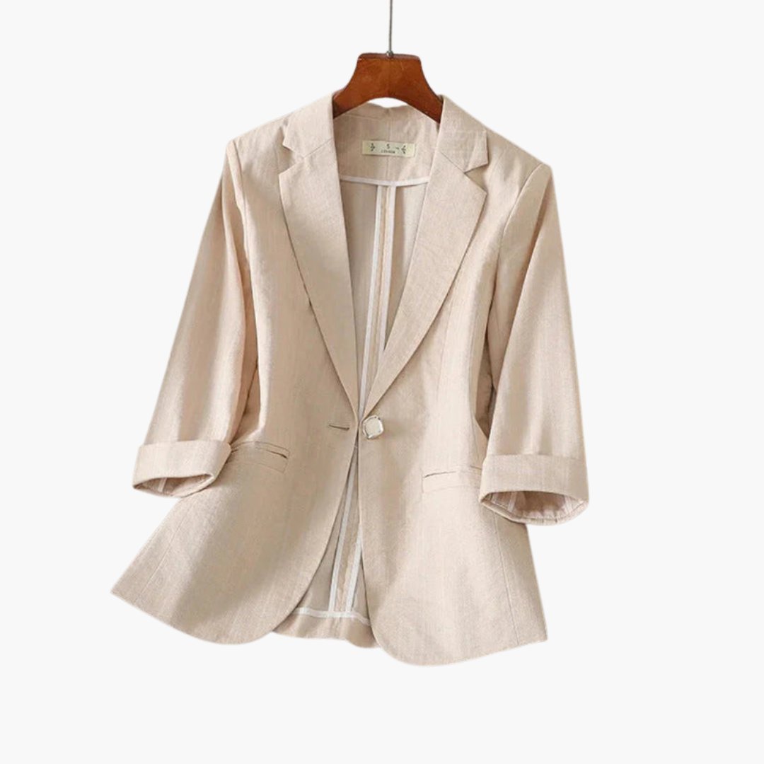 Dame Trekvart Ærme Hør Blazer med Enkelt Knap - Beige