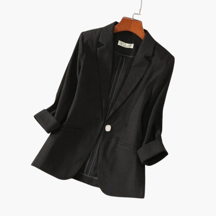 Dame Trekvart Ærme Hør Blazer med Enkelt Knap - Black