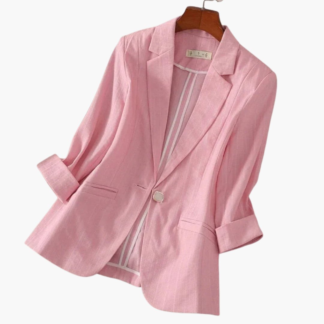 Dame Trekvart Ærme Hør Blazer med Enkelt Knap - Pink