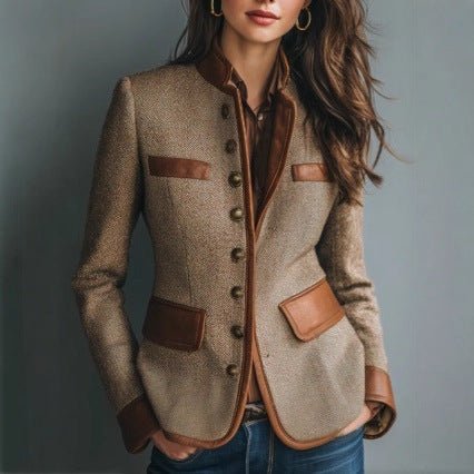 Dame Tweed Blazer Skræddersyet Faux-Læder Trim Knapper - Brown
