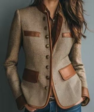 Dame Tweed Blazer Skræddersyet Faux-Læder Trim Knapper
