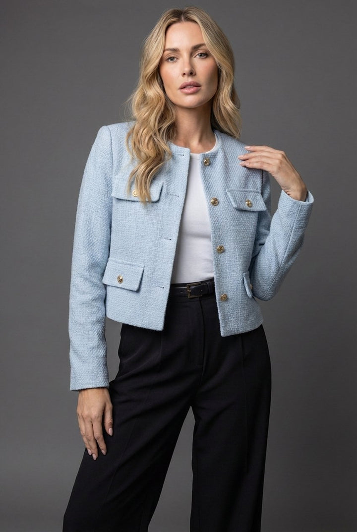 Dame Tweed Cropped Blazer Rund Hals Guld Knapper - Light Blue