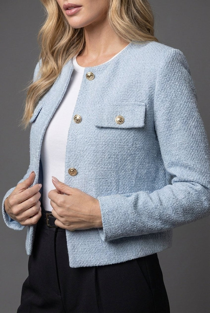 Dame Tweed Cropped Blazer Rund Hals Guld Knapper