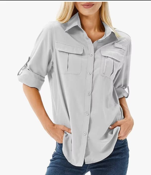 Dame UPF 50 Langærmet Safari Outdoor Skjorte - Light Gray