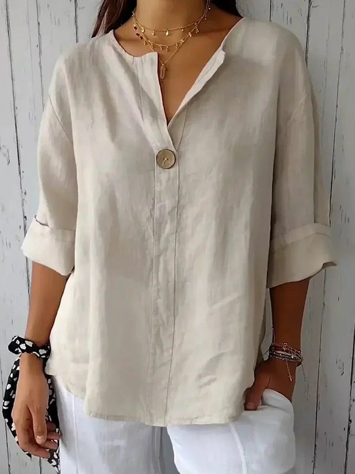 Dame V-hals Afslappet Linned-look Bluse med 3/4 Ærmer - Beige