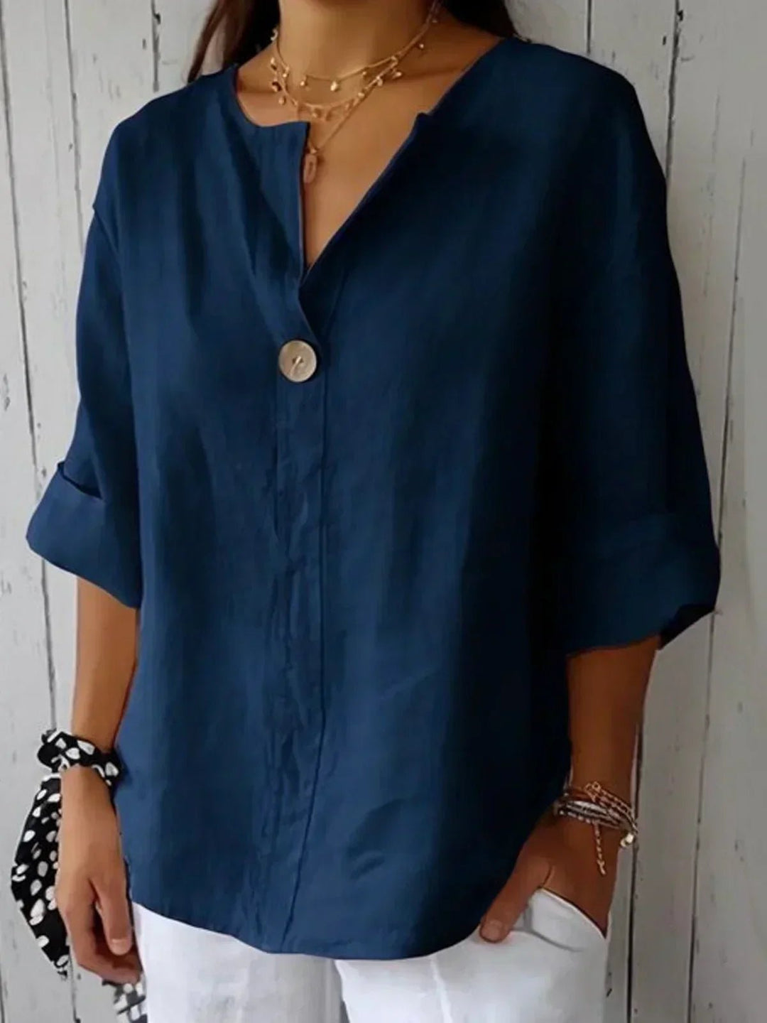 Dame V-hals Afslappet Linned-look Bluse med 3/4 Ærmer - Navy Blue