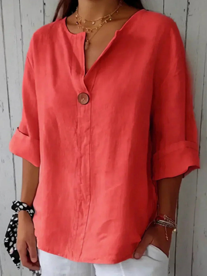 Dame V-hals Afslappet Linned-look Bluse med 3/4 Ærmer - Red