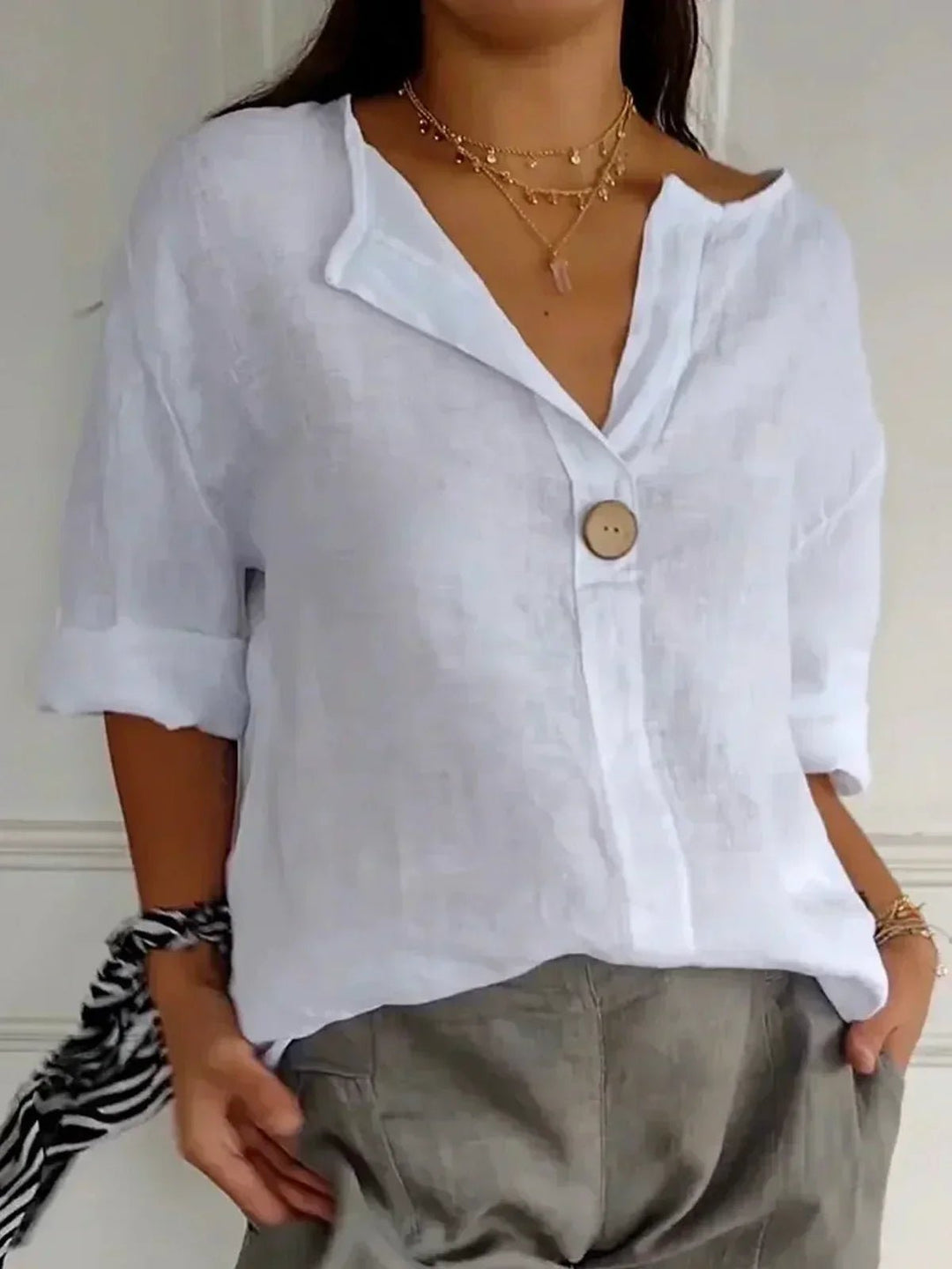 Dame V-hals Afslappet Linned-look Bluse med 3/4 Ærmer - White