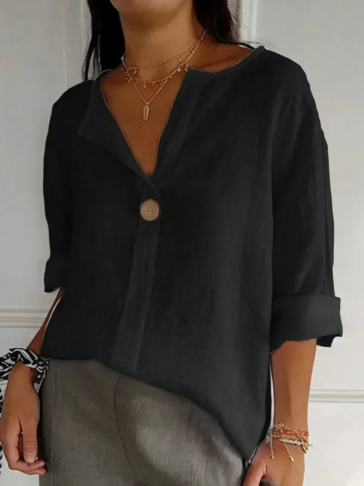 Dame V-hals Afslappet Linned-look Bluse med 3/4 Ærmer - Black