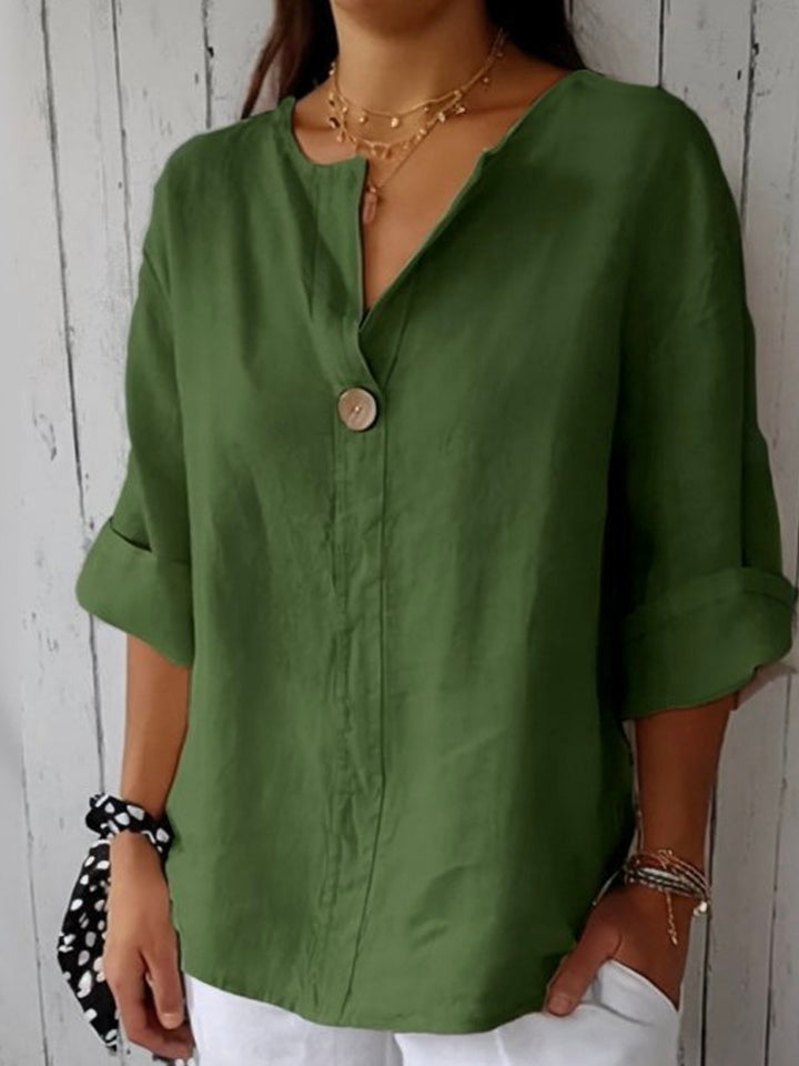 Dame V-hals Afslappet Linned-look Bluse med 3/4 Ærmer - Green