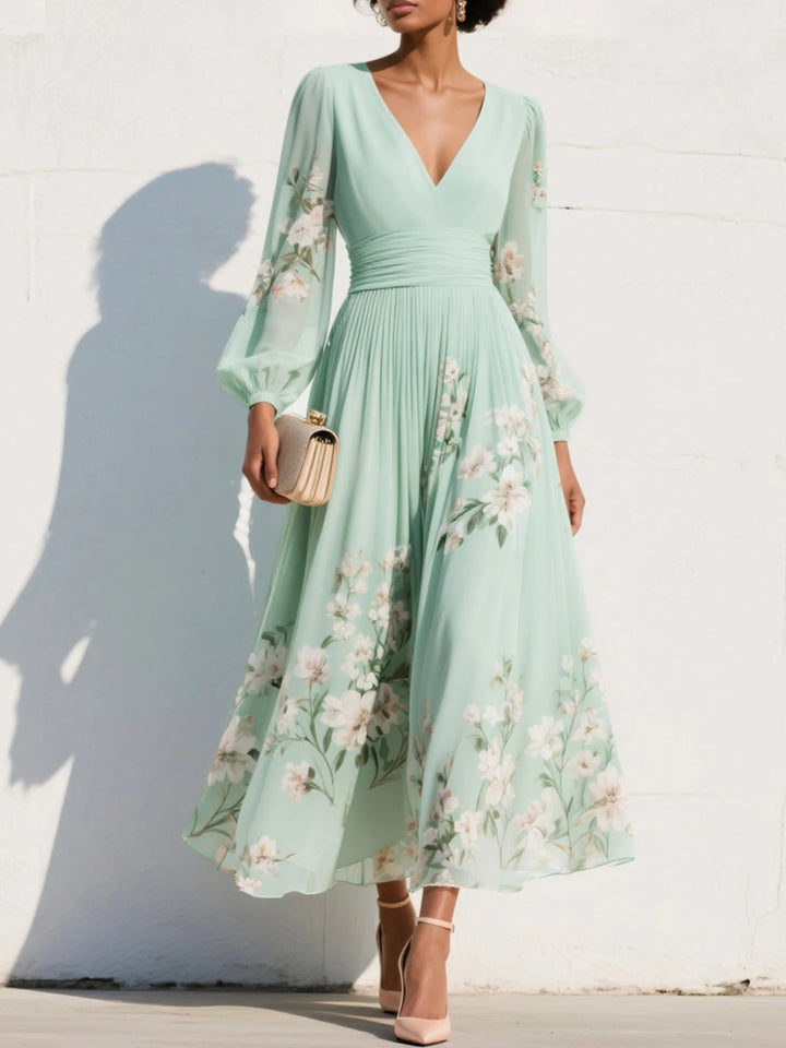 Dame V-hals Blomster Midi-kjole med Plisseret Ballonærmer - Light Green