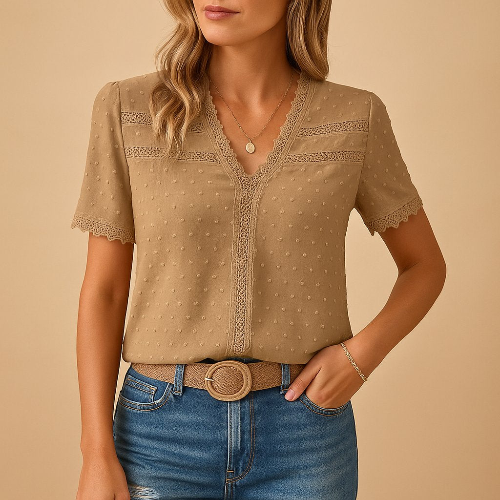 Dame V-hals Bluse med Blonde Detaljer - Khaki