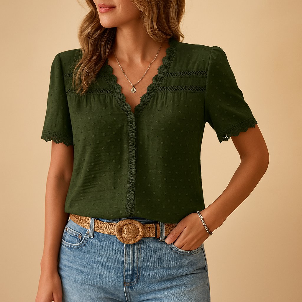 Dame V-hals Bluse med Blonde Detaljer - Army Green