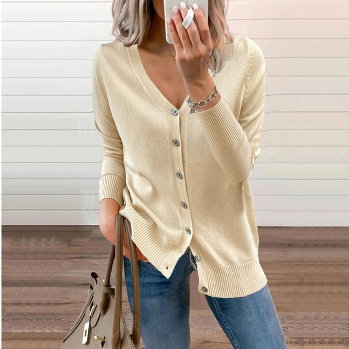 Dame V-hals Knaplukning Strik Cardigan Langærmet - Beige
