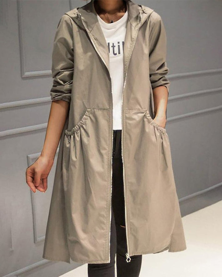 Dame Vandafvisende Hættet Lang Trench Coat Polyester - Khaki