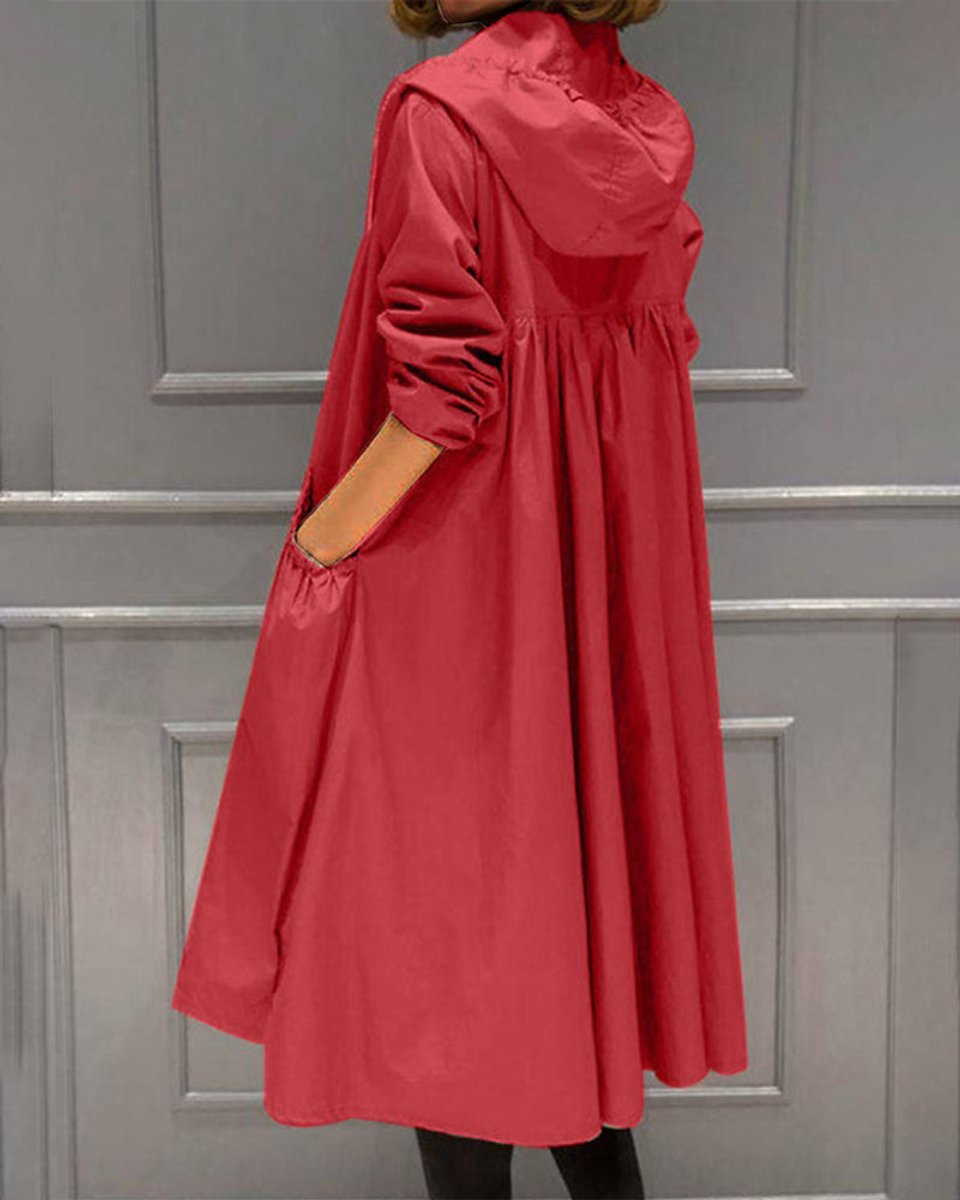 Dame Vandafvisende Hættet Lang Trench Coat Polyester - Rød
