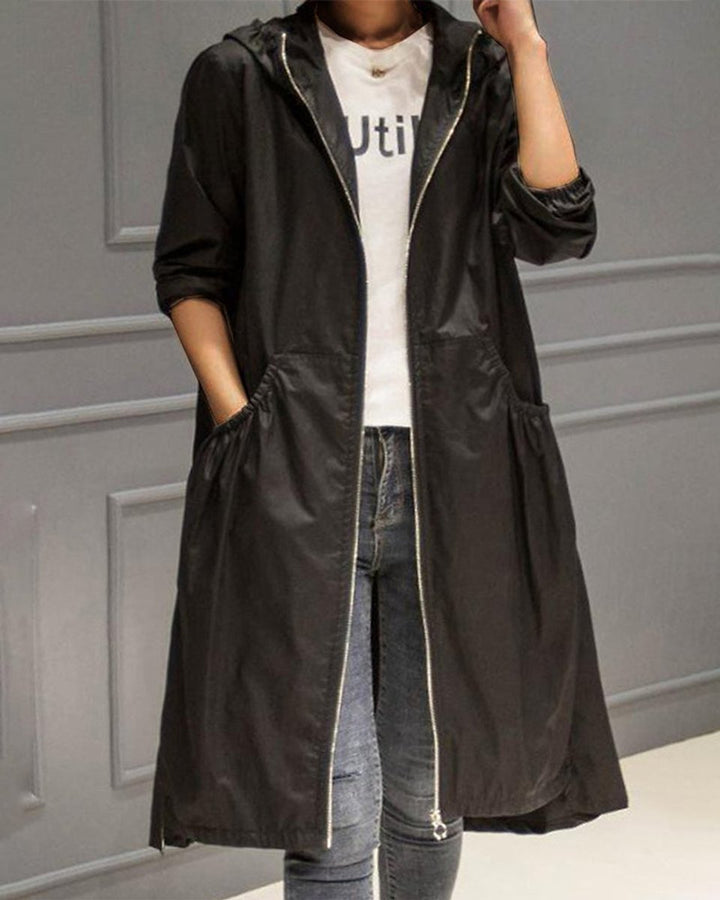 Dame Vandafvisende Hættet Lang Trench Coat Polyester - Sort