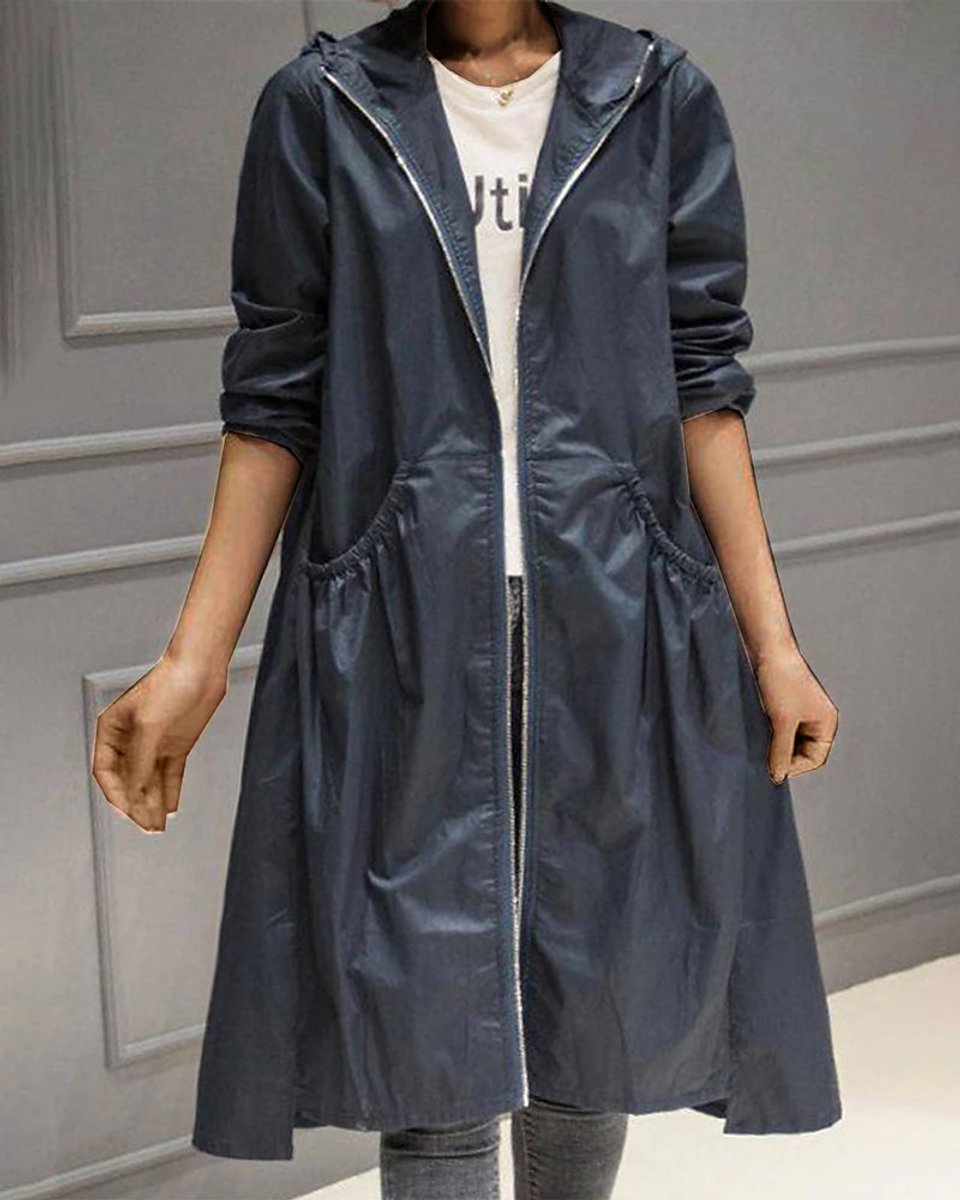 Dame Vandafvisende Hættet Lang Trench Coat Polyester - Marineblå