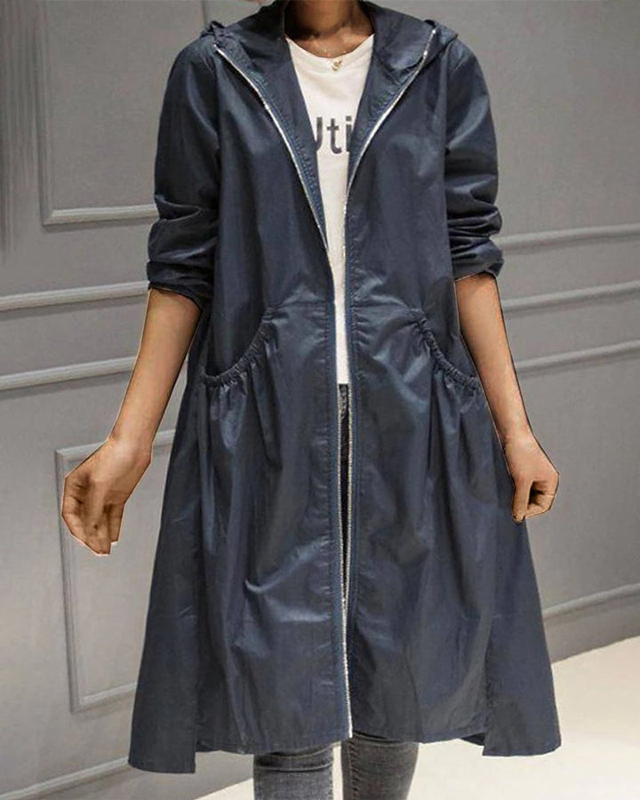 Dame Vandafvisende Hættet Lang Trench Coat Polyester - Marineblå