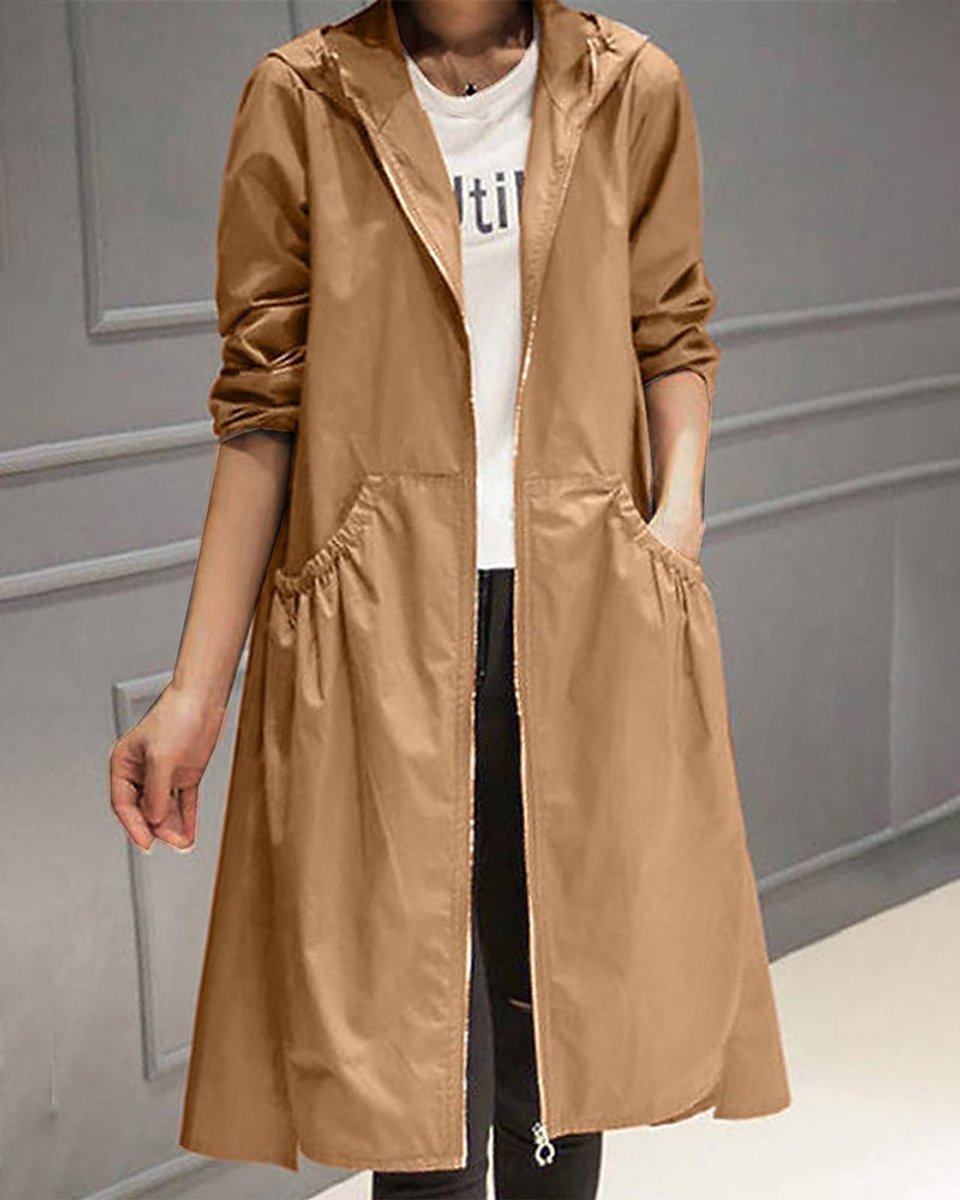 Dame Vandafvisende Hættet Lang Trench Coat Polyester - Brun