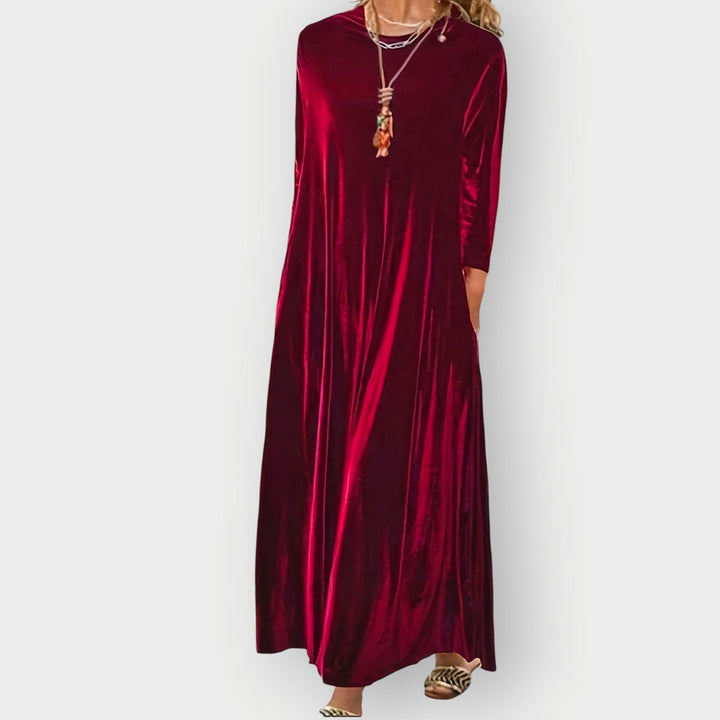 Dame Velvet Maxi Formal Dresses Langærmet Aftenkjole - Bordeauxrød