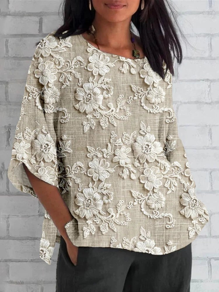 Dame Vintage Blomster Broderet Afslappet Bluse - Khaki
