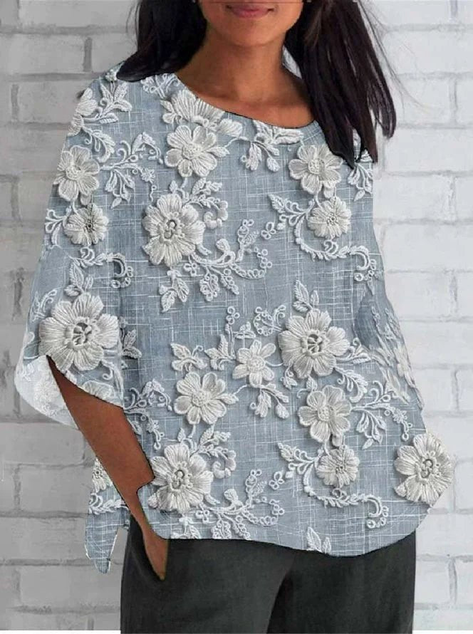 Dame Vintage Blomster Broderet Afslappet Bluse - Blue
