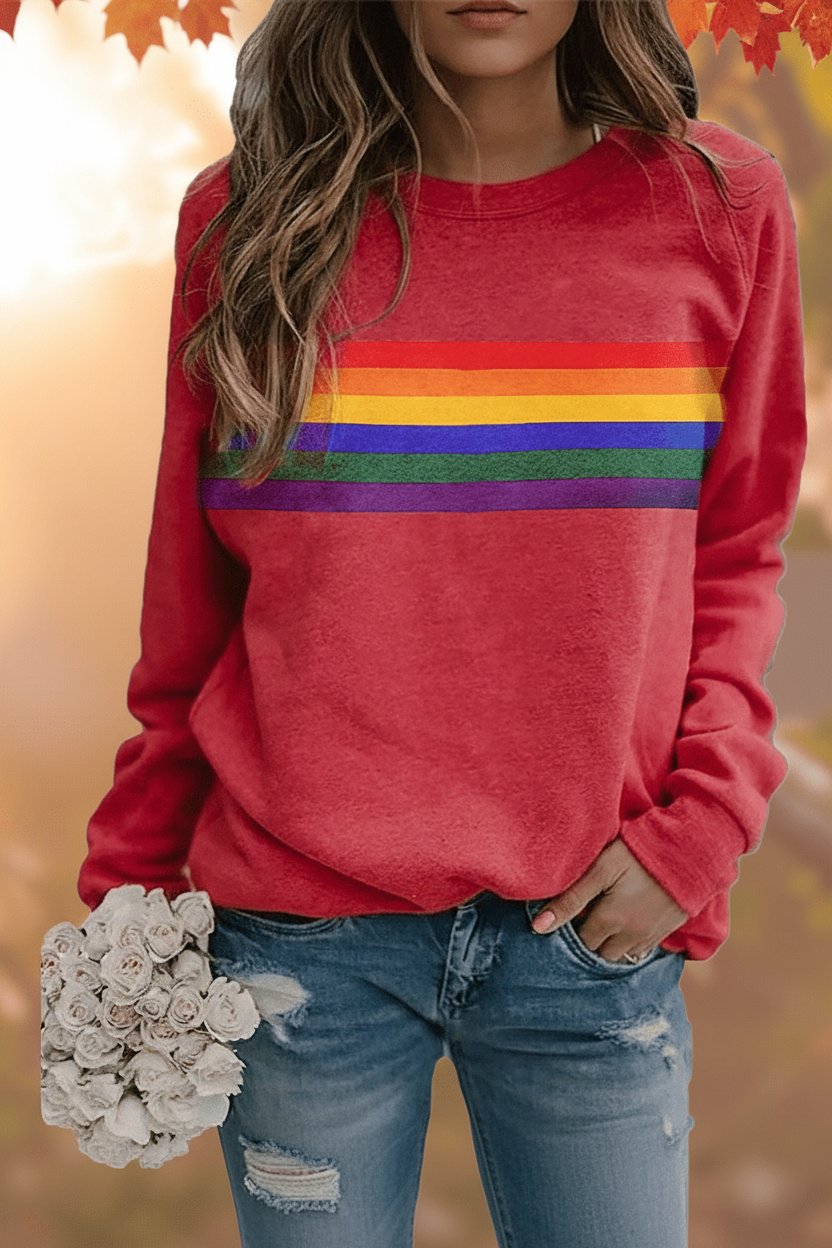 Dame Vintage Regnbuestripet Afslappet Sweatshirt Langærmet - Red