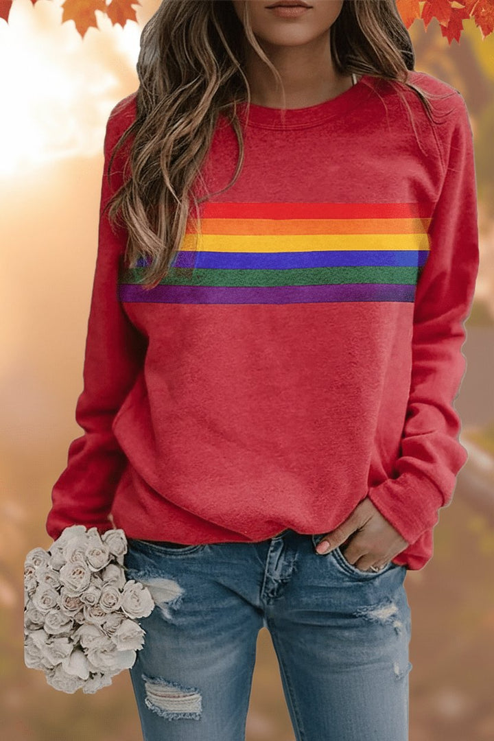 Dame Vintage Regnbuestripet Afslappet Sweatshirt Langærmet - Red