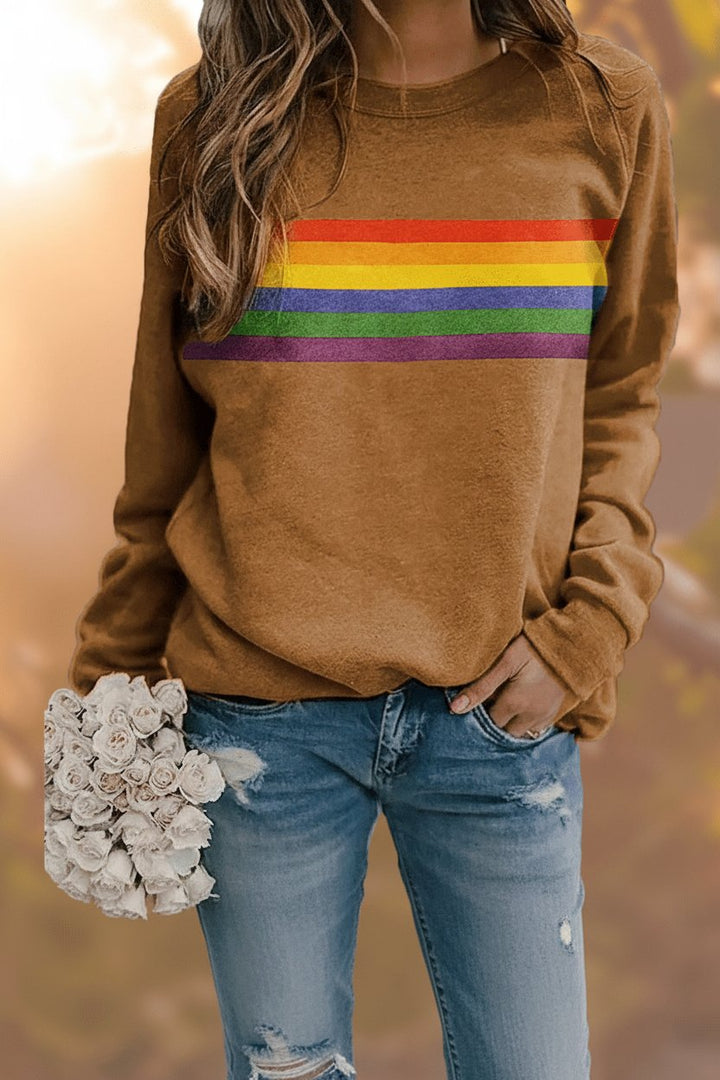 Dame Vintage Regnbuestripet Afslappet Sweatshirt Langærmet - Yellow